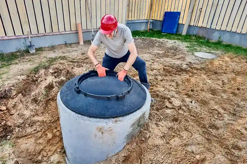 Installing fiberglass ring and manhole cover on septic tank base