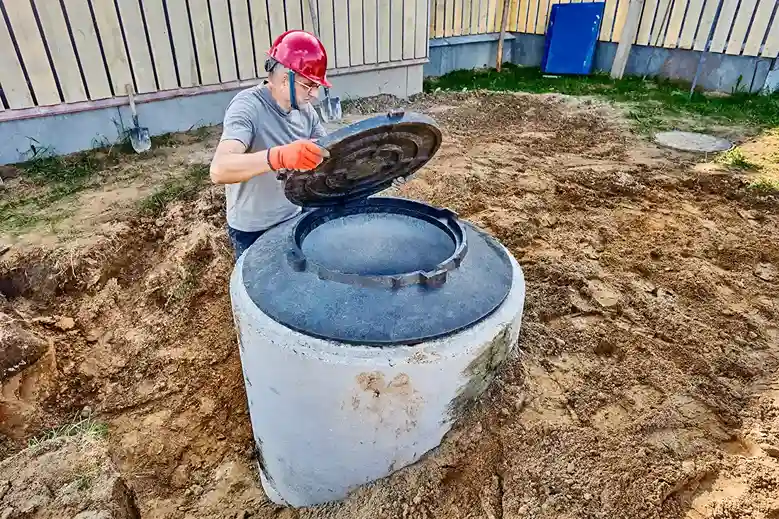 Worker fitting manhole cover on concrete septic tank installation